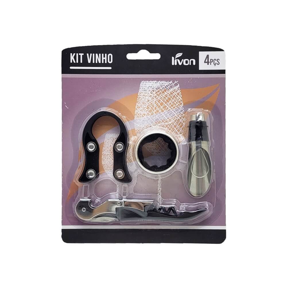 KIT P/ VINHO 4PCS 5149 KIT P/ VINHO 4PCS 5149, KIT PARA VINHO 4PCS, CONJUNTO VINHO 4PCS, KIT VINHO, ABRIDOR VINHO, VINHO Cozinha