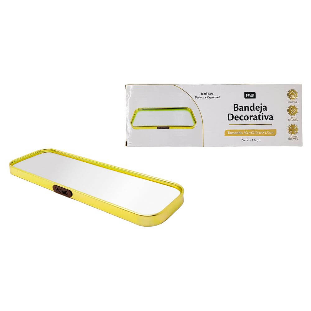 BANDEJA C/ ESPELHO METAL 30X10CM F0241 BANDEJA C/ ESPELHO 30X10CM F0241, BANDEJA, BANDEJA DE VIDRO, BANDEJA COM ESPELHO, BANDEJA DE VIDRO, BANDEJA DECORATIVA, BANDEJA DOURADA Decoracao e Presentes